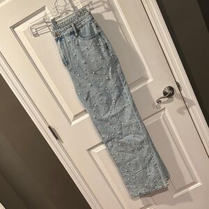 Blue High Rise Jeans with Faded Distressed Style embellished with pearls